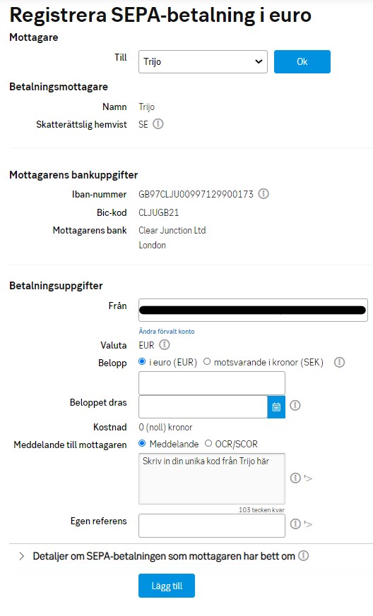 SEPA betalning Via SEB Trijo